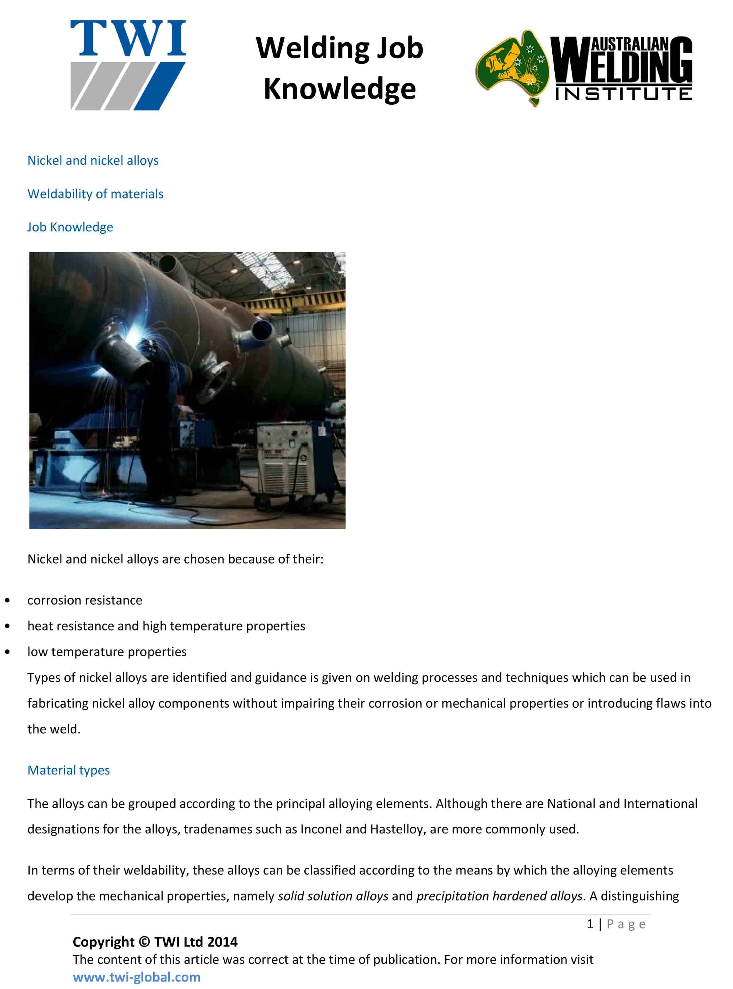 WELDABILITY OF MATERIALS NICKEL AND NICKEL ALLOYS Australian Welding