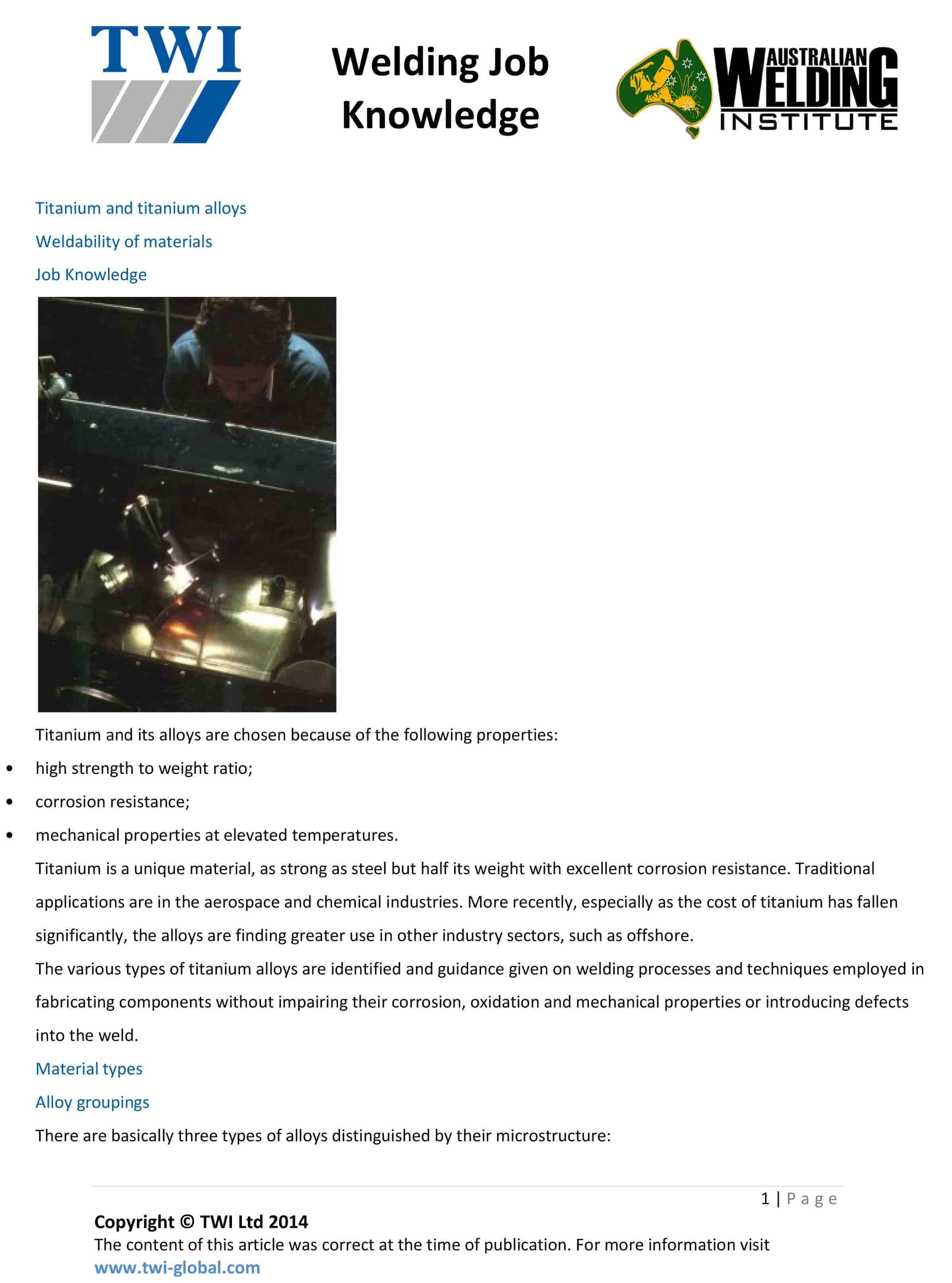 WELDABILITY OF MATERIALS TITANIUM AND TITANIUM ALLOYS Australian